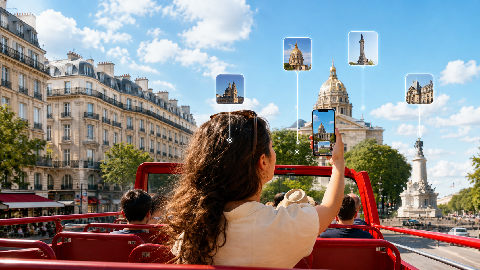 Passenger using ARnocular on an open-top sightseeing bus