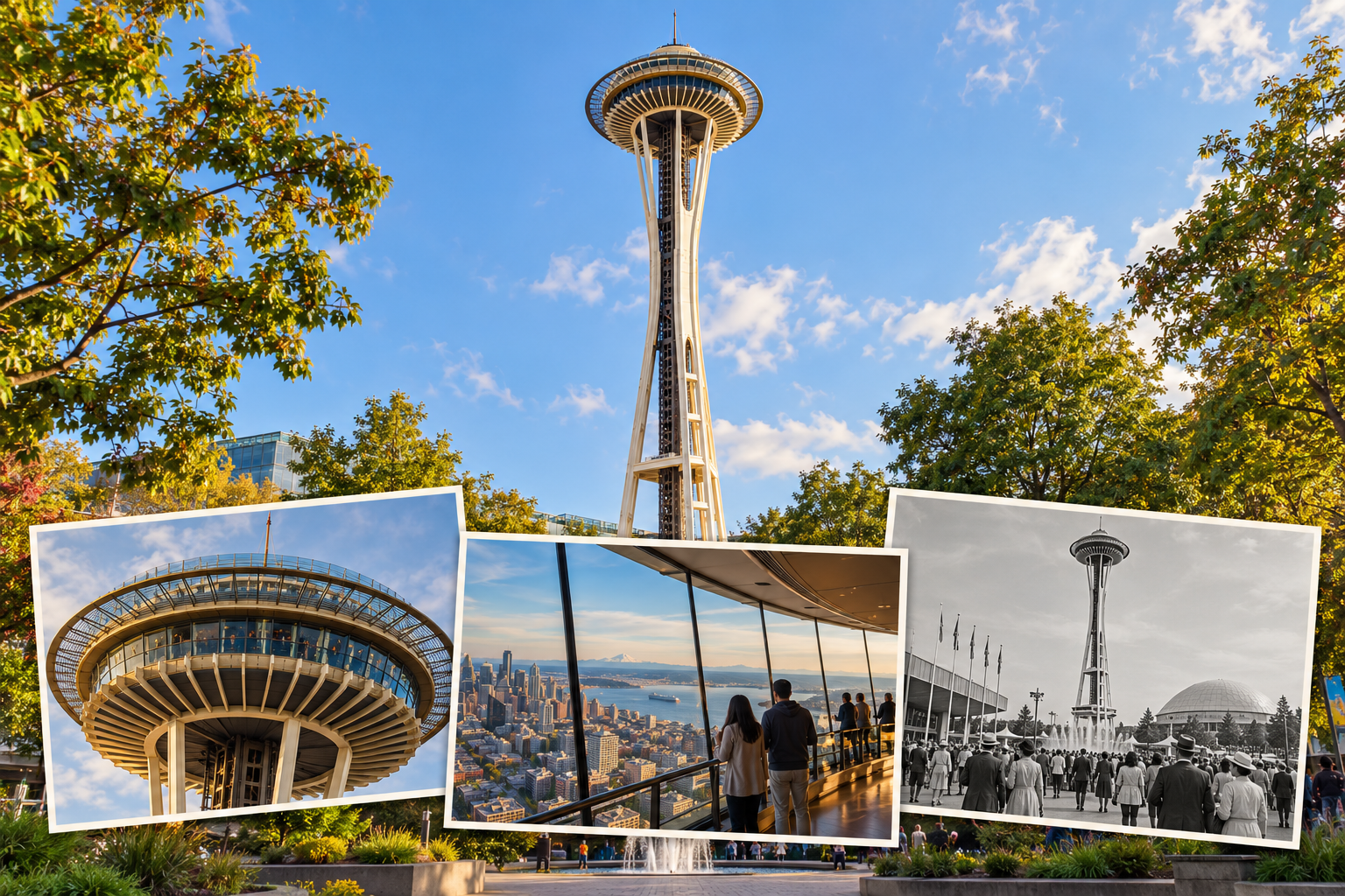 Space Needle in the background, with layered illustrations of its observation deck, interior view and imagined historical scene.