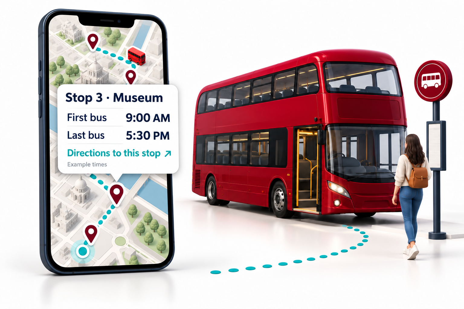 3D bus map concept with a selected stop popup: example first bus 9:00 AM, last bus 5:30 PM and directions to the stop. A bus marker remains visible on the map.