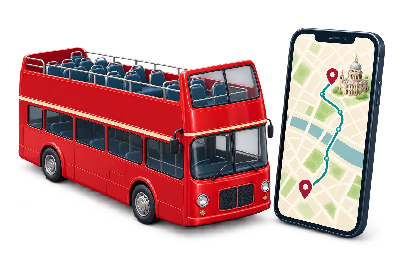 A red sightseeing bus beside a phone showing a city tour route.