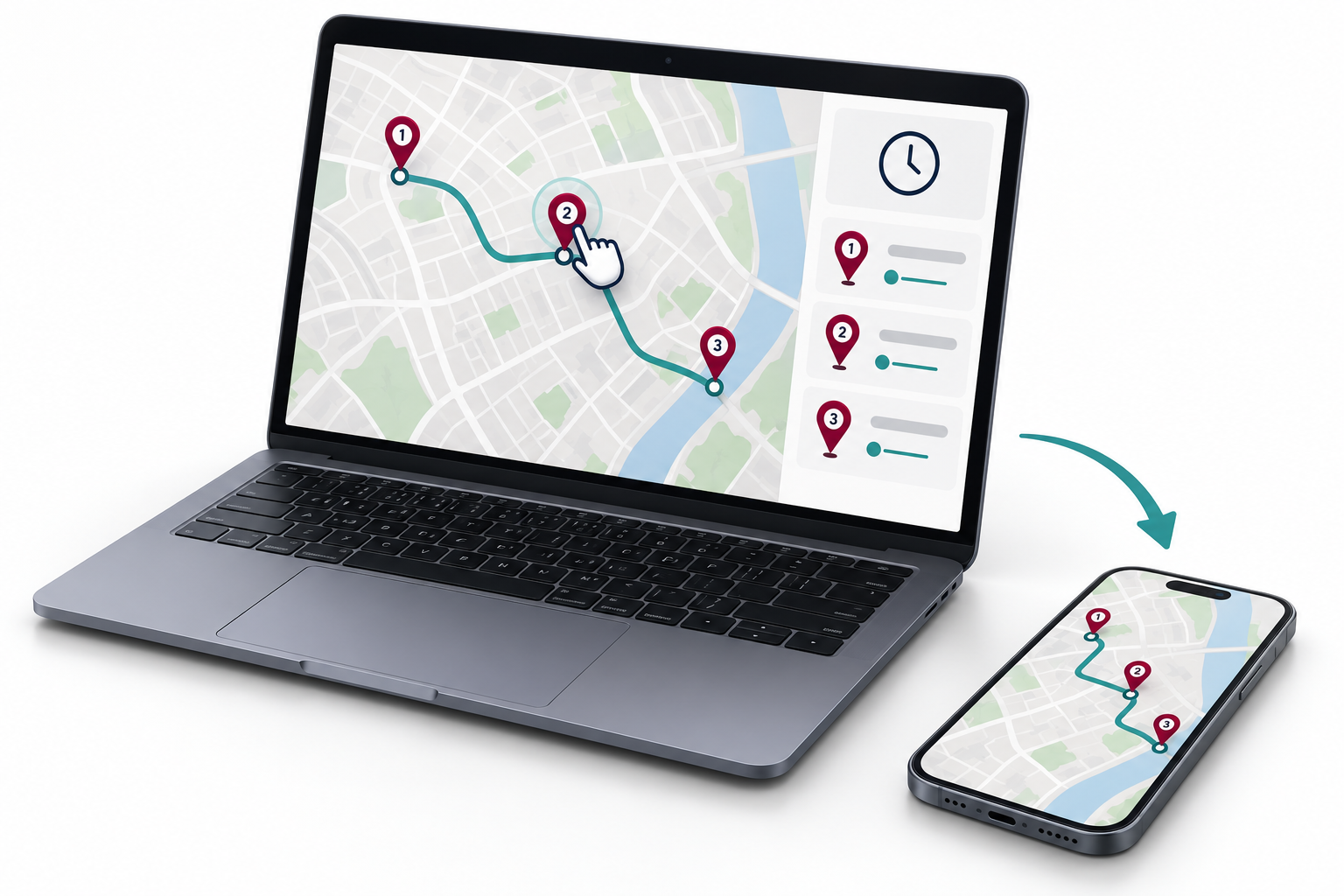 3D explanation of an operator editing numbered bus stops on a laptop and publishing the changes to a passenger map.