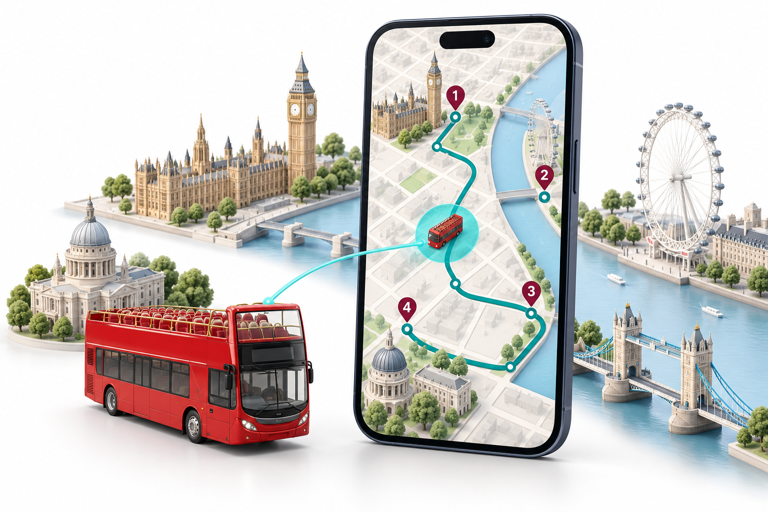 3D explanation of a sightseeing bus location shown on a passenger route map, distinct from numbered bus stops.