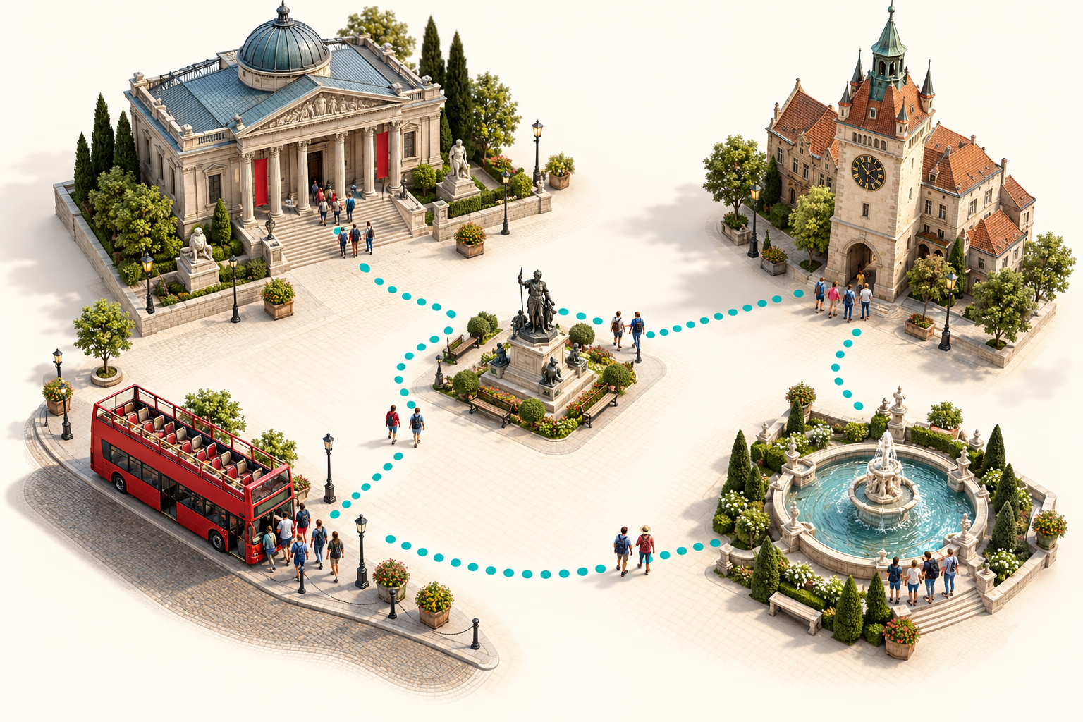 Birds-eye 3D excursion concept: groups explore a museum, clock tower, sculpture plaza and fountain along a loop returning to the sightseeing bus stop.
