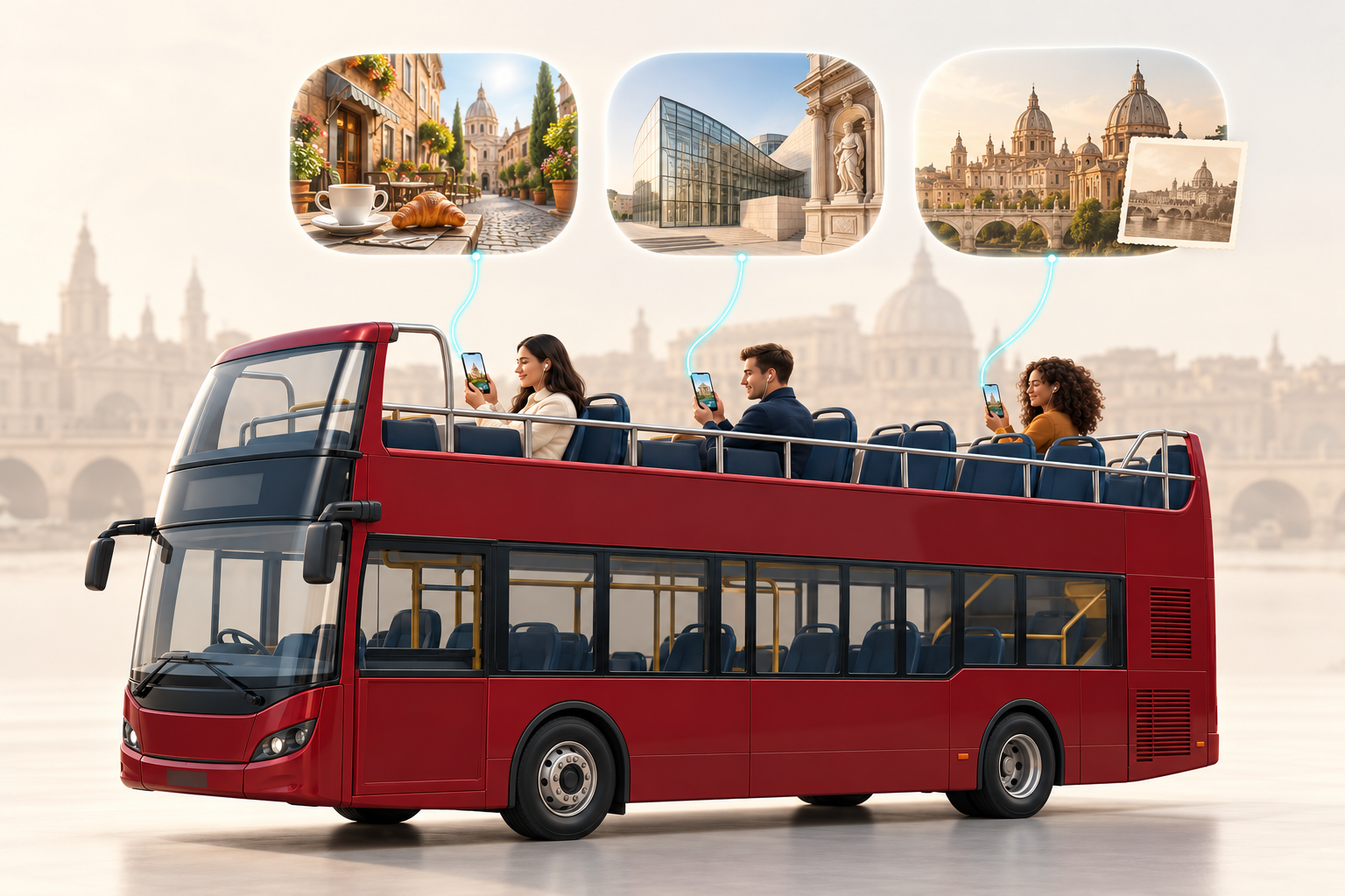 Concept illustration: three passengers on the same sightseeing bus, each enjoying a themed tour matched to their interests.