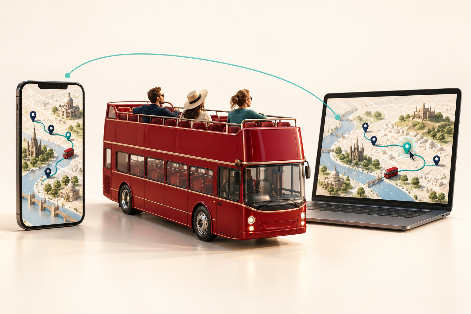 3D overview of a sightseeing bus, a passenger route map and an operator laptop for stop management.