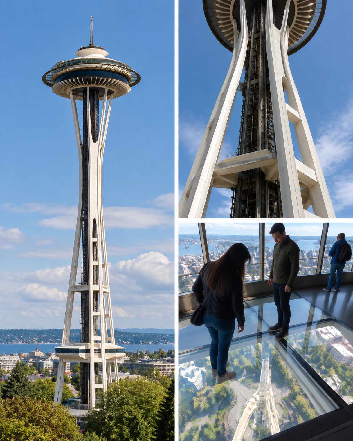 Generated Space Needle tour collage showing the tower, its structure and the observation deck.